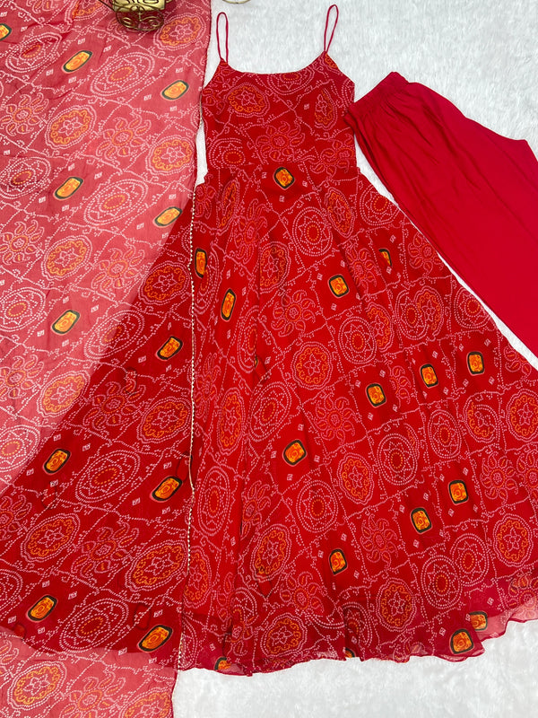 Red Designer Pure Chiffon Bandhej Anarkali Gown with 8-Meter Flare, Padded Backless Dori Pattern & Matching Dupatta – Fully Stitched Festive & Wedding Wear ClothsVilla