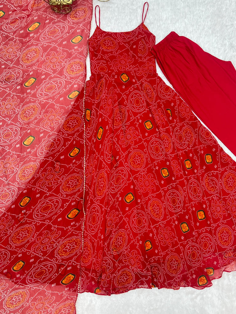 Red Designer Pure Chiffon Bandhej Anarkali Gown with 8-Meter Flare, Padded Backless Dori Pattern & Matching Dupatta – Fully Stitched Festive & Wedding Wear ClothsVilla