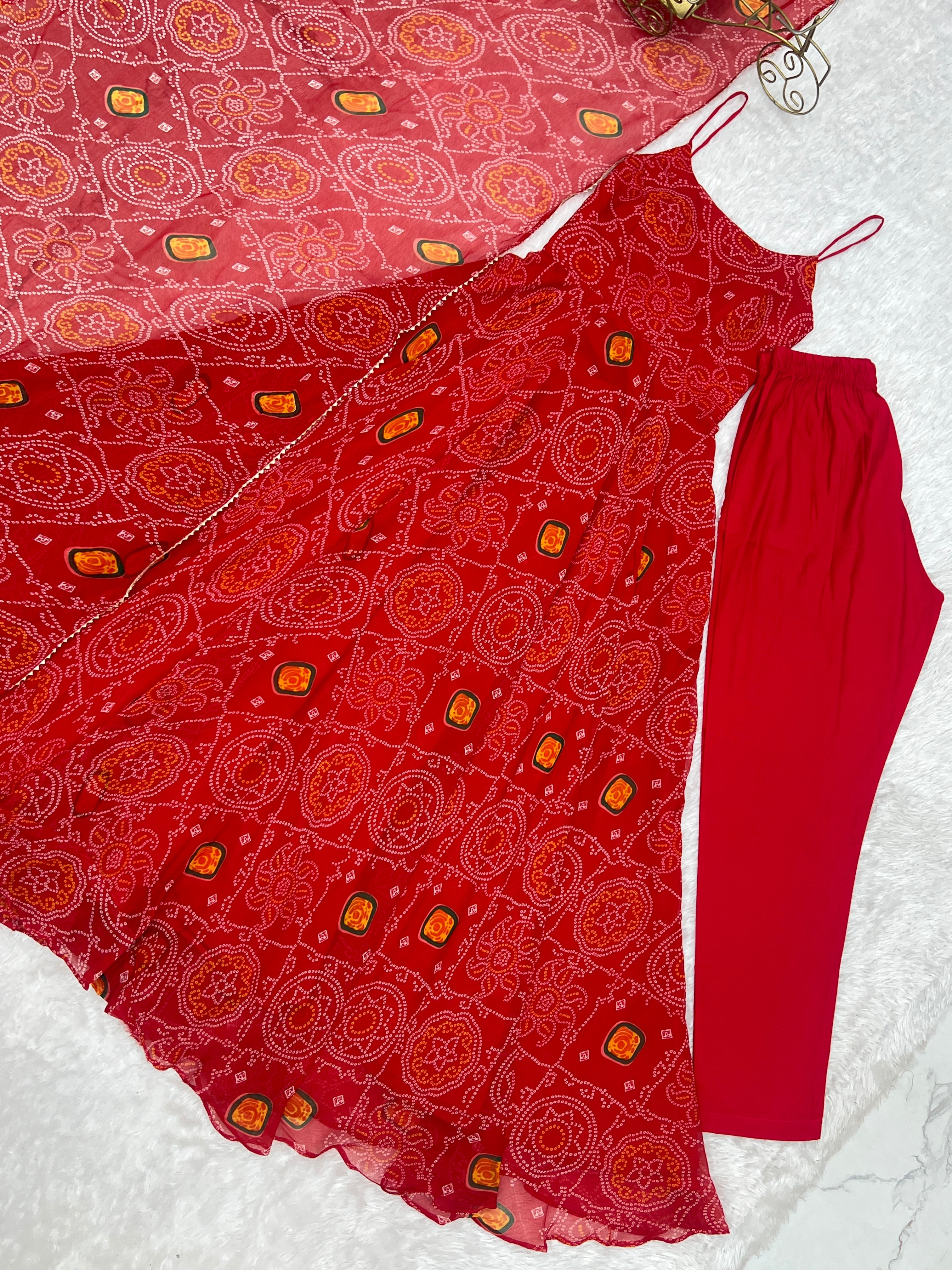 Red Designer Pure Chiffon Bandhej Anarkali Gown with 8-Meter Flare, Padded Backless Dori Pattern & Matching Dupatta – Fully Stitched Festive & Wedding Wear ClothsVilla