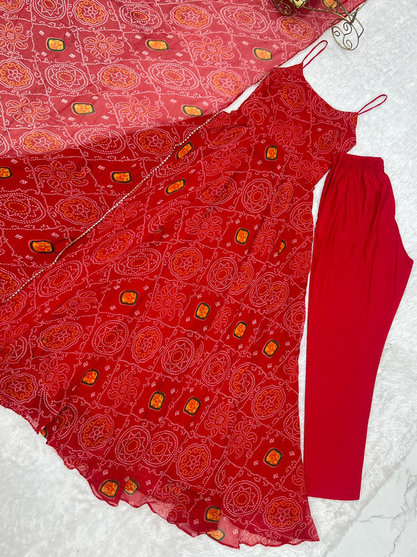 Red Designer Pure Chiffon Bandhej Anarkali Gown with 8-Meter Flare, Padded Backless Dori Pattern & Matching Dupatta – Fully Stitched Festive & Wedding Wear ClothsVilla