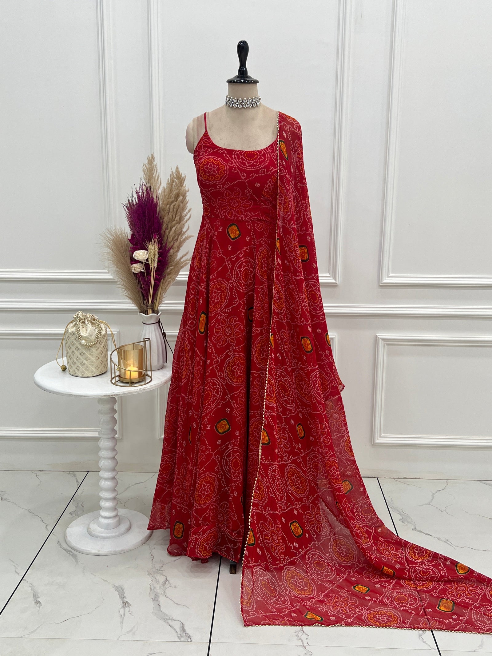 Red Designer Pure Chiffon Bandhej Anarkali Gown with 8-Meter Flare, Padded Backless Dori Pattern & Matching Dupatta – Fully Stitched Festive & Wedding Wear ClothsVilla