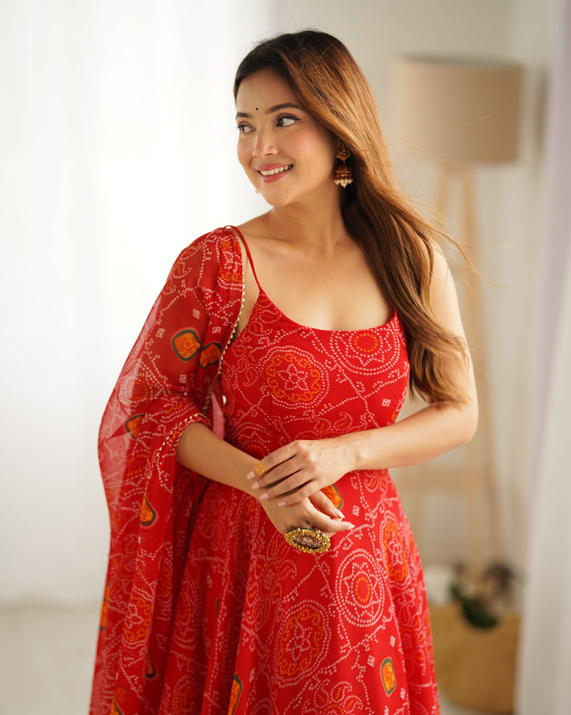 Red Designer Pure Chiffon Bandhej Anarkali Gown with 8-Meter Flare, Padded Backless Dori Pattern & Matching Dupatta – Fully Stitched Festive & Wedding Wear ClothsVilla