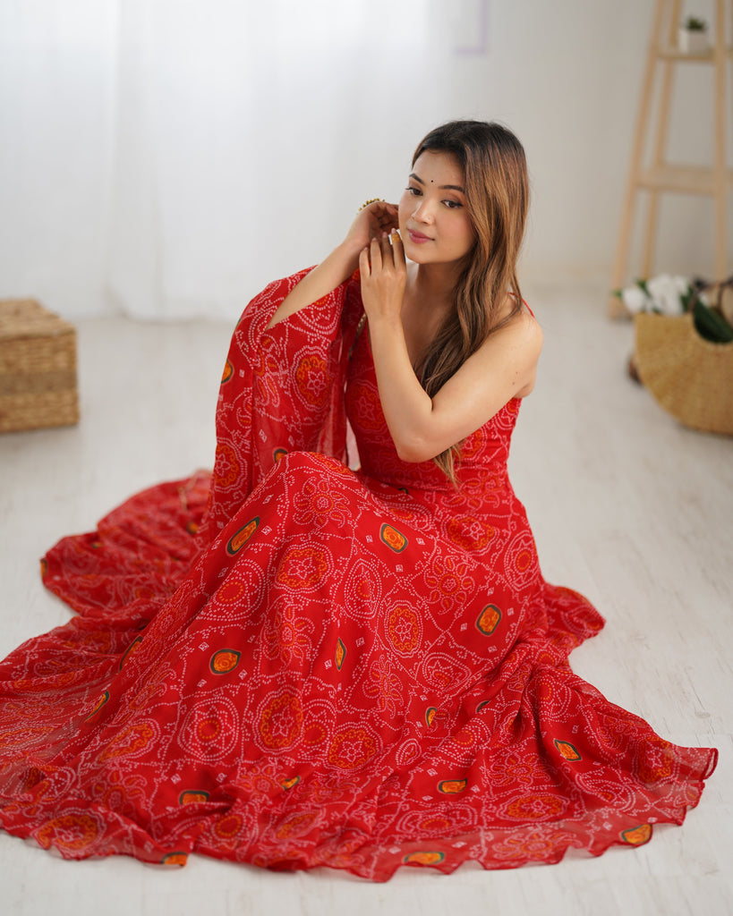 Red Designer Pure Chiffon Bandhej Anarkali Gown with 8-Meter Flare, Padded Backless Dori Pattern & Matching Dupatta – Fully Stitched Festive & Wedding Wear ClothsVilla