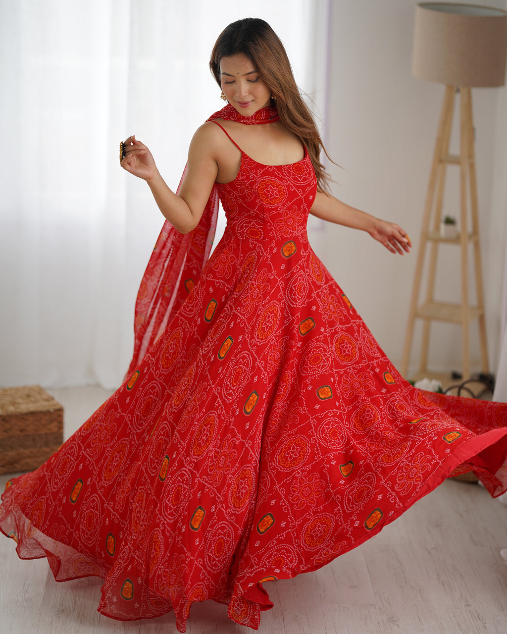 Red Designer Pure Chiffon Bandhej Anarkali Gown with 8-Meter Flare, Padded Backless Dori Pattern & Matching Dupatta – Fully Stitched Festive & Wedding Wear ClothsVilla