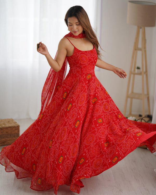 Red Designer Pure Chiffon Bandhej Anarkali Gown with 8-Meter Flare, Padded Backless Dori Pattern & Matching Dupatta – Fully Stitched Festive & Wedding Wear ClothsVilla