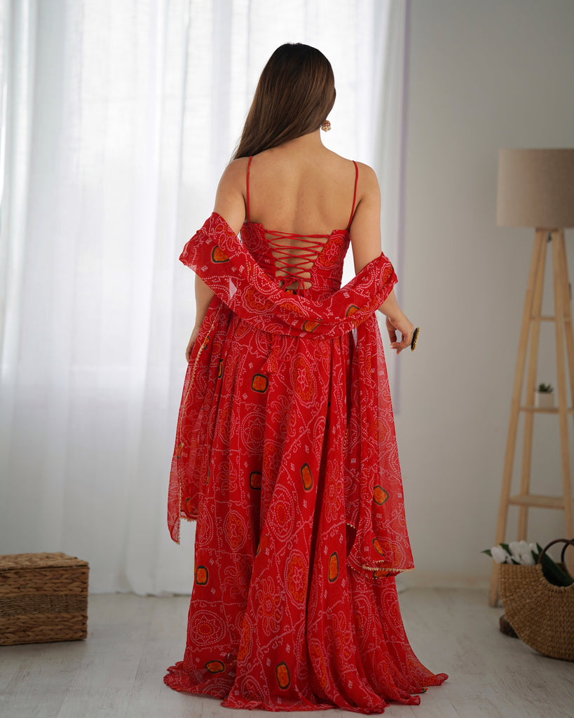Red Designer Pure Chiffon Bandhej Anarkali Gown with 8-Meter Flare, Padded Backless Dori Pattern & Matching Dupatta – Fully Stitched Festive & Wedding Wear ClothsVilla