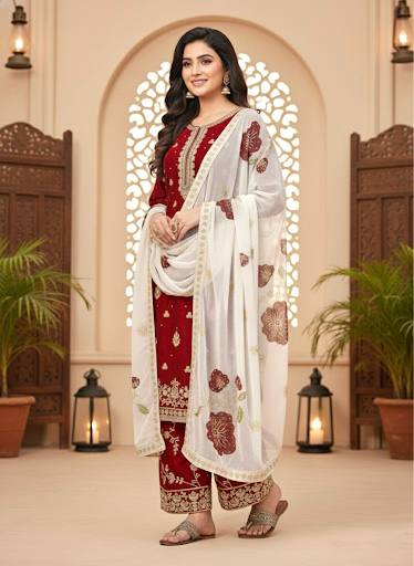 Red Designer Pure Fendi Silk Heavy Embroidered Kurta Palazzo Set with 5 mm Sequins, Rivet Moti Work & Digital Printed Tabby Silk Dupatta Secondary image