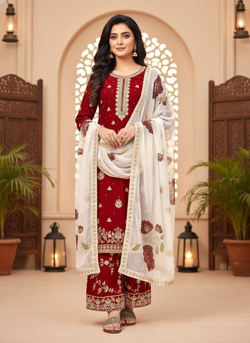 Red Designer Pure Fendi Silk Heavy Embroidered Kurta Palazzo Set with 5 mm Sequins, Rivet Moti Work & Digital Printed Tabby Silk Dupatta ClothsVilla.com