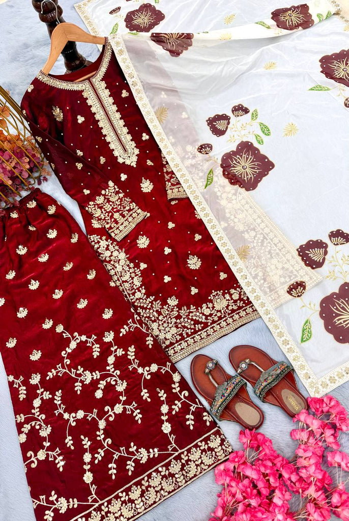 Red Designer Pure Fendi Silk Heavy Embroidered Kurta Palazzo Set with 5 mm Sequins, Rivet Moti Work & Digital Printed Tabby Silk Dupatta ClothsVilla.com