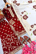 Load image into Gallery viewer, Red Designer Pure Fendi Silk Heavy Embroidered Kurta Palazzo Set with 5 mm Sequins, Rivet Moti Work &amp; Digital Printed Tabby Silk Dupatta ClothsVilla.com