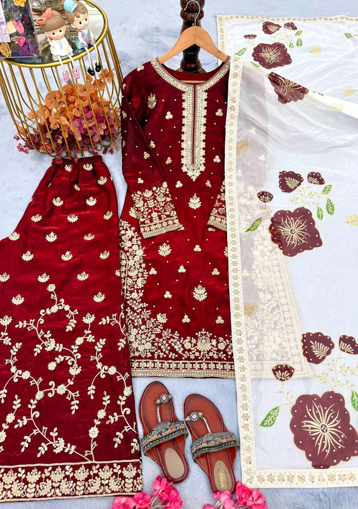 Red Designer Pure Fendi Silk Heavy Embroidered Kurta Palazzo Set with 5 mm Sequins, Rivet Moti Work & Digital Printed Tabby Silk Dupatta ClothsVilla.com
