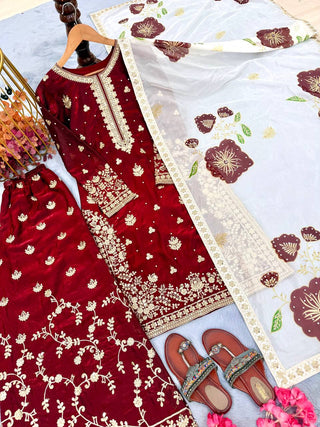 Red Designer Pure Fendi Silk Heavy Embroidered Kurta Palazzo Set with 5 mm Sequins, Rivet Moti Work & Digital Printed Tabby Silk Dupatta ClothsVilla.com