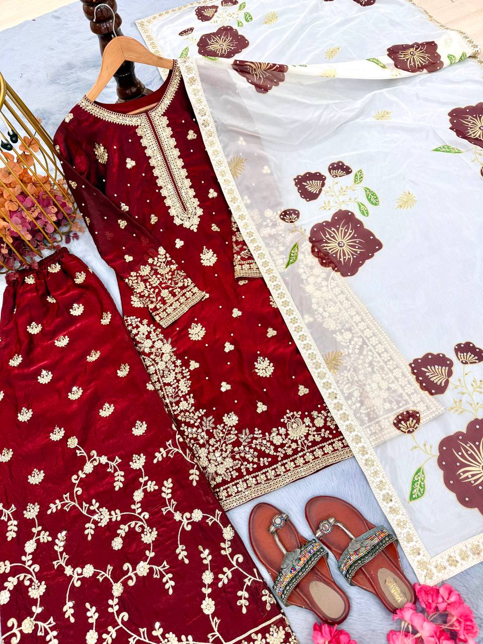 Red Designer Pure Fendi Silk Heavy Embroidered Kurta Palazzo Set with 5 mm Sequins, Rivet Moti Work & Digital Printed Tabby Silk Dupatta ClothsVilla.com