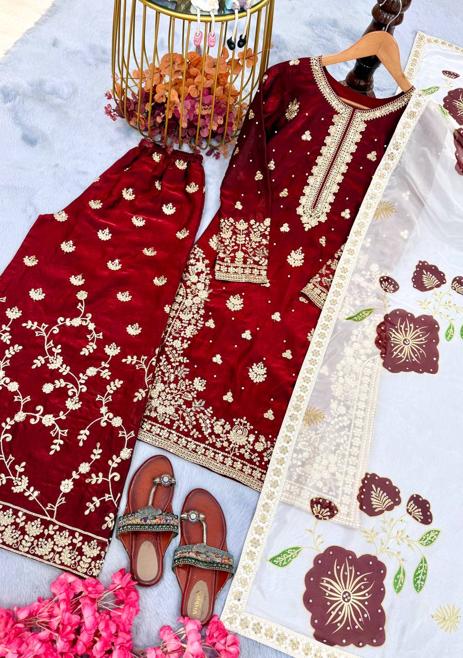 Red Designer Pure Fendi Silk Heavy Embroidered Kurta Palazzo Set with 5 mm Sequins, Rivet Moti Work & Digital Printed Tabby Silk Dupatta ClothsVilla.com