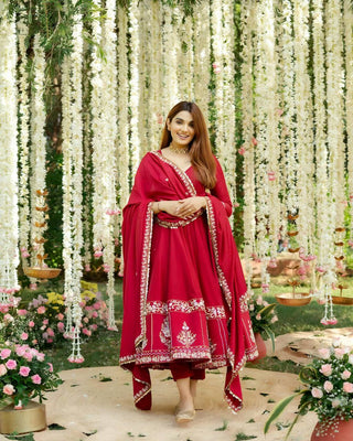 Red Designer Roman Silk Anarkali Suit Set with Heavy Multi Embroidery & Sequin Work ClothsVilla