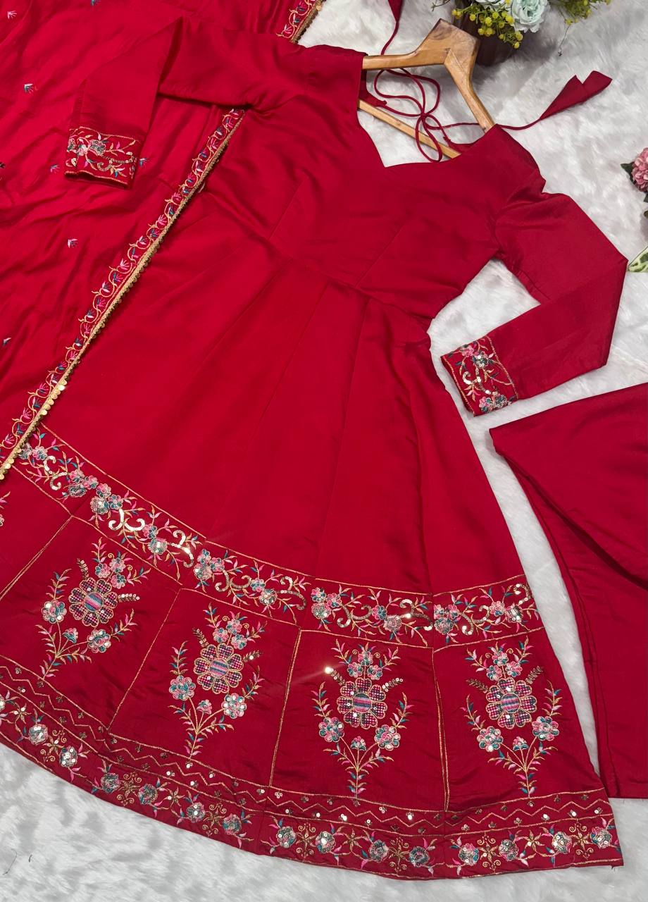 Red Designer Roman Silk Anarkali Suit Set with Heavy Multi Embroidery & Sequin Work ClothsVilla