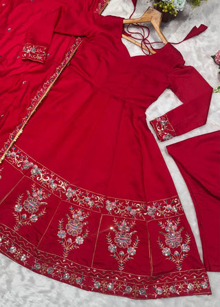 Red Designer Roman Silk Anarkali Suit Set with Heavy Multi Embroidery & Sequin Work ClothsVilla