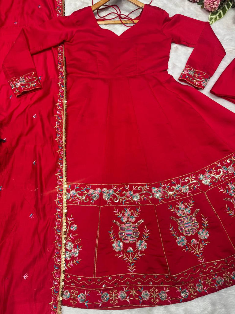 Red Designer Roman Silk Anarkali Suit Set with Heavy Multi Embroidery & Sequin Work ClothsVilla