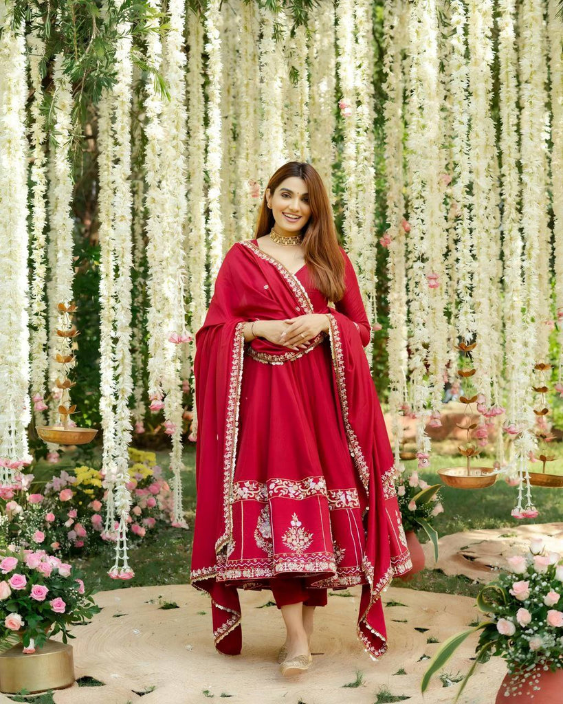 Red Designer Roman Silk Anarkali Suit Set with Heavy Multi E Red Designer Roman Silk Anarkali Suit Set with Heavy Multi E