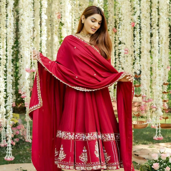 Red Designer Roman Silk Anarkali Suit Set with Heavy Multi Embroidery & Sequin Work ClothsVilla