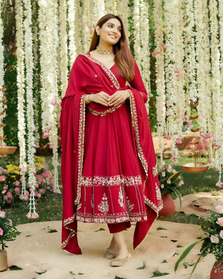 Red Designer Roman Silk Anarkali Suit Set with Heavy Multi Embroidery & Sequin Work ClothsVilla