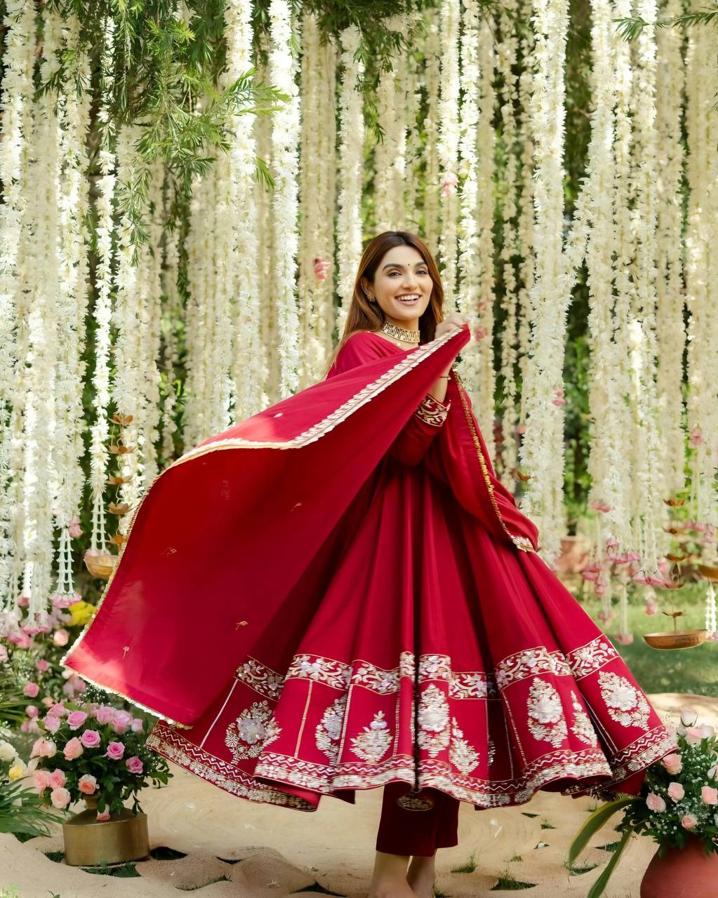 Red Designer Roman Silk Anarkali Suit Set with Heavy Multi Embroidery & Sequin Work ClothsVilla