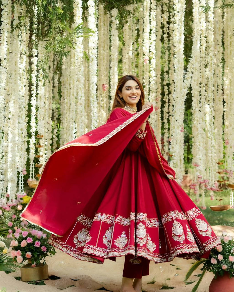 red designer anarkali dress Red Embroidered Silk Anarkali