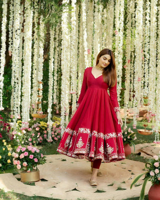 Red Designer Roman Silk Anarkali Suit Set with Heavy Multi Embroidery & Sequin Work ClothsVilla