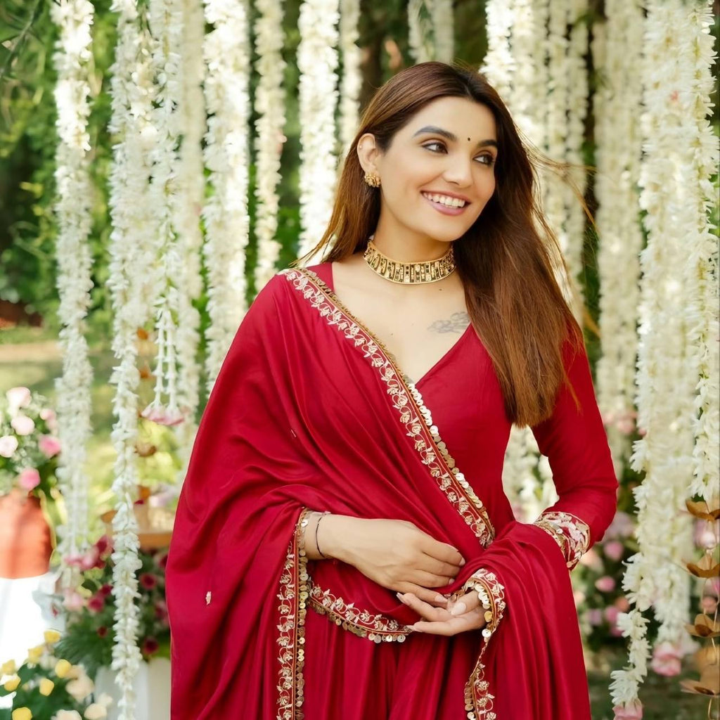 Red Designer Roman Silk Anarkali Suit Set with Heavy Multi Embroidery & Sequin Work ClothsVilla