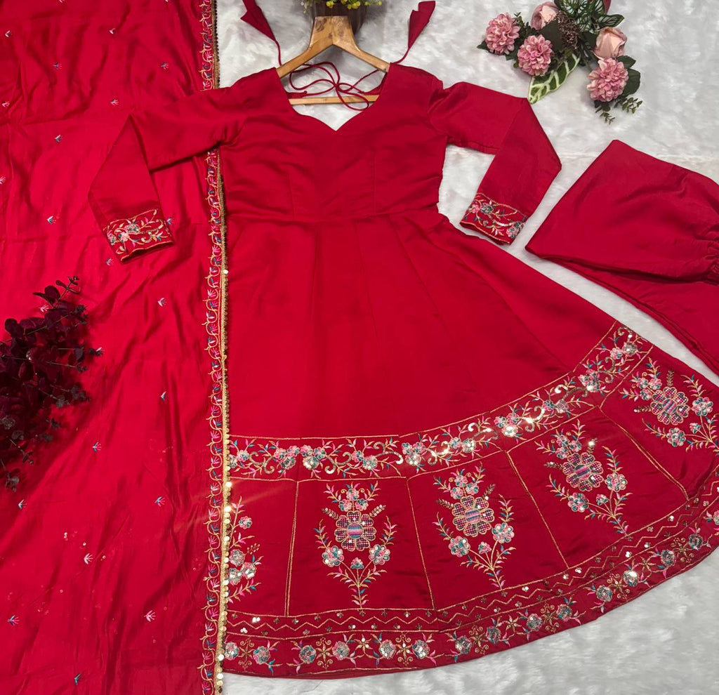 Red Designer Roman Silk Anarkali Suit Set with Heavy Multi Embroidery & Sequin Work ClothsVilla