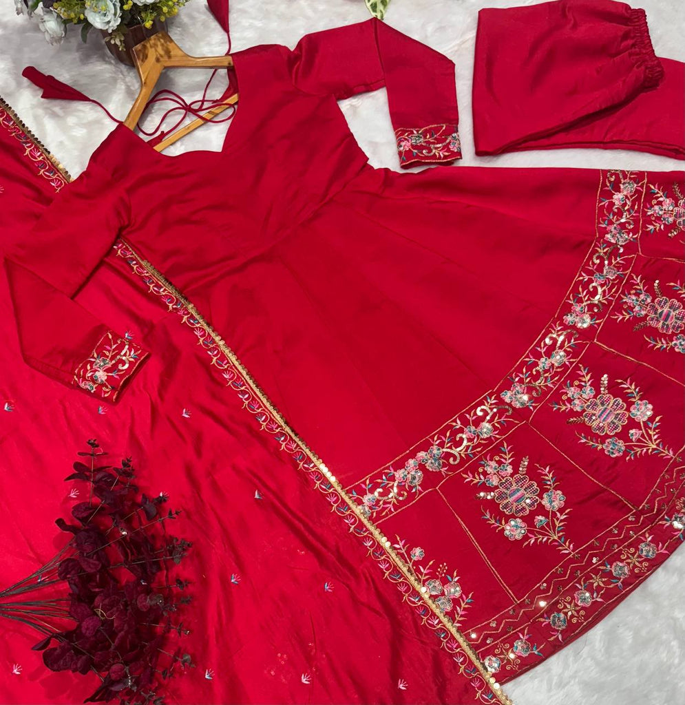 Red Designer Roman Silk Anarkali Suit Set with Heavy Multi Embroidery & Sequin Work ClothsVilla
