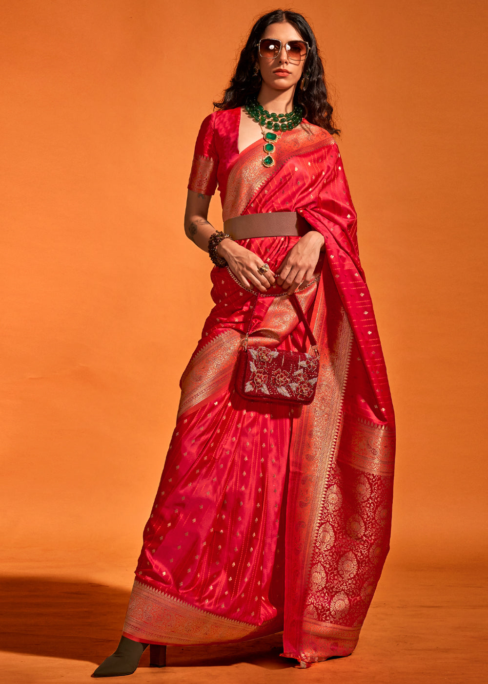 Red Designer Satin Silk Saree with Blouse Piece ClothsVilla