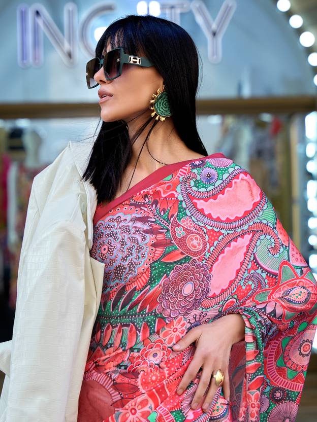 Red Digital Print Saree in Satin Silk Blend – Party & Wedding Wear ClothsVilla