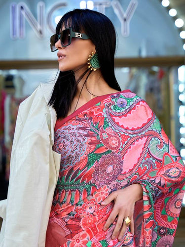 Red Digital Print Saree in Satin Silk Blend – Party & Wedding Wear ClothsVilla