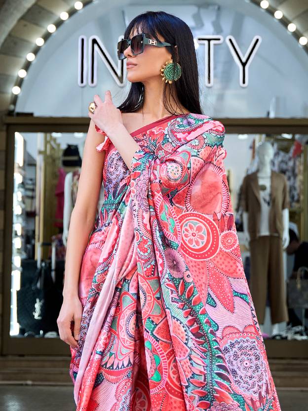 Red Digital Print Saree in Satin Silk Blend – Party & Wedding Wear ClothsVilla