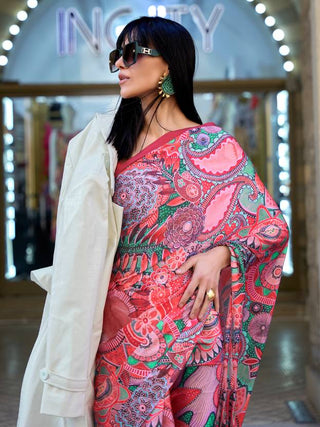 Red Digital Print Saree in Satin Silk Blend – Party & Wedding Wear ClothsVilla