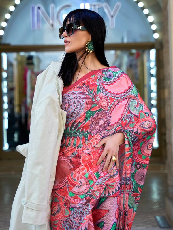 Red Digital Print Saree in Satin Silk Blend – Party & Wedding Wear ClothsVilla