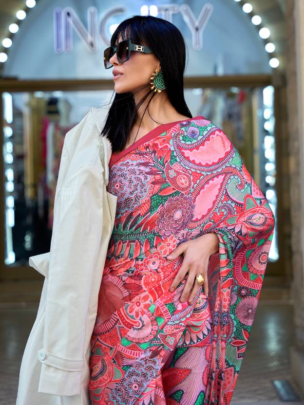 Red Digital Print Saree in Satin Silk Blend – Party & Wedding Wear ClothsVilla