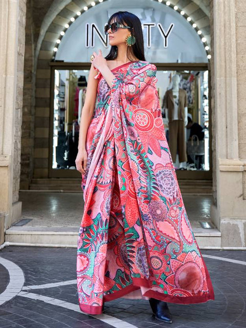 Red Digital Print Saree in Satin Silk Blend – Party & Wedding Wear ClothsVilla Main image
