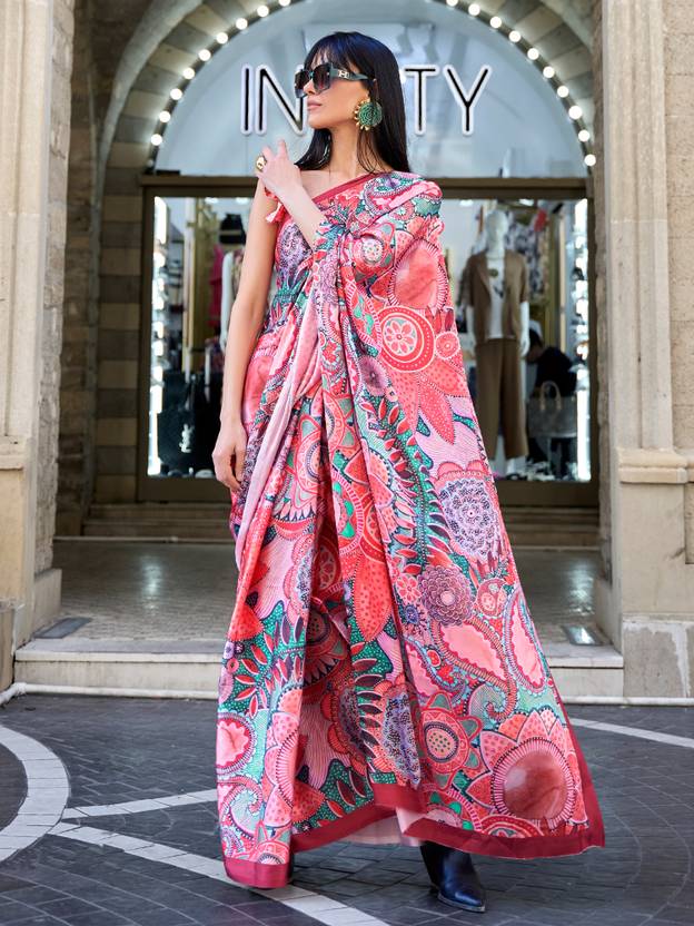 Red Digital Print Saree in Satin Silk Blend – Party & Wedding Wear ClothsVilla Main image