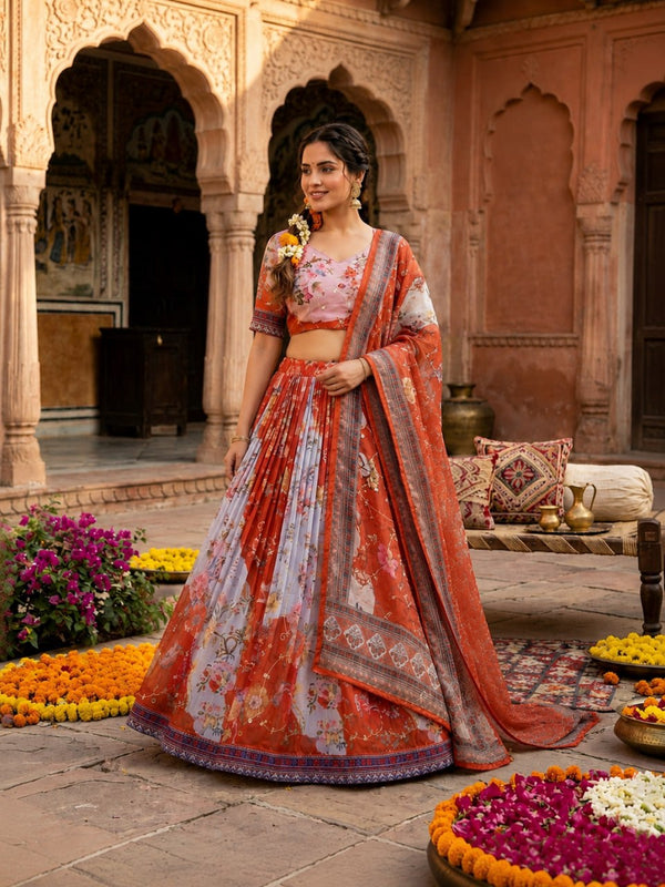 Red Digital Print Silk Lehenga Set ClothsVilla