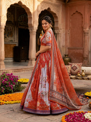 Red Digital Print Silk Lehenga Set ClothsVilla