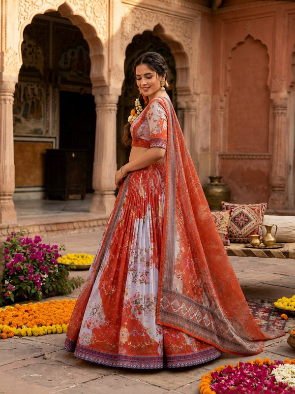 Red Digital Print Silk Lehenga Set ClothsVilla