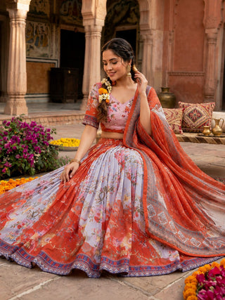 Red Digital Print Silk Lehenga Set ClothsVilla