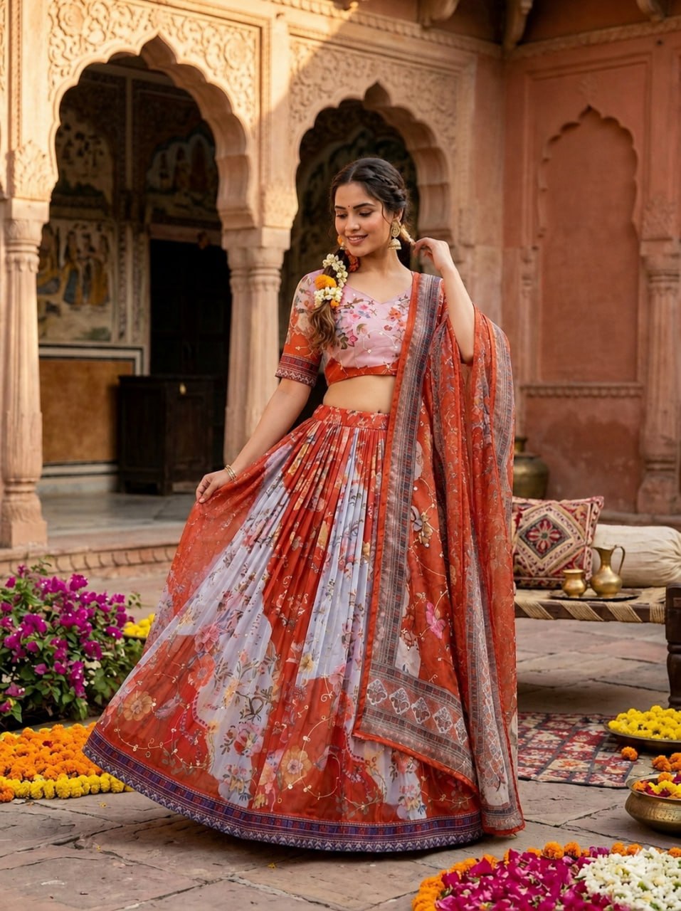 Red Digital Print Silk Lehenga Set ClothsVilla