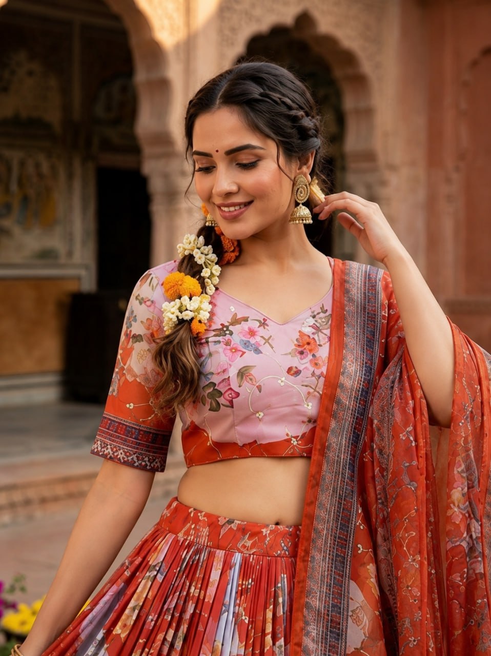 Red Digital Print Silk Lehenga Set ClothsVilla