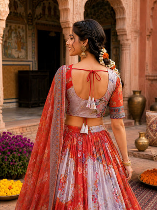 Red Digital Print Silk Lehenga Set ClothsVilla