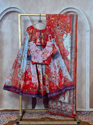 Red Digital Print Silk Lehenga Set ClothsVilla