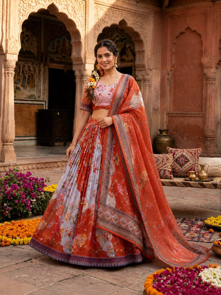 Red Digital Print Silk Lehenga Set ClothsVilla
