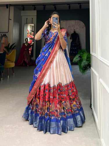 Red Dola Silk Lehenga Choli with Kalamkari Print & Weaving Border ClothsVilla